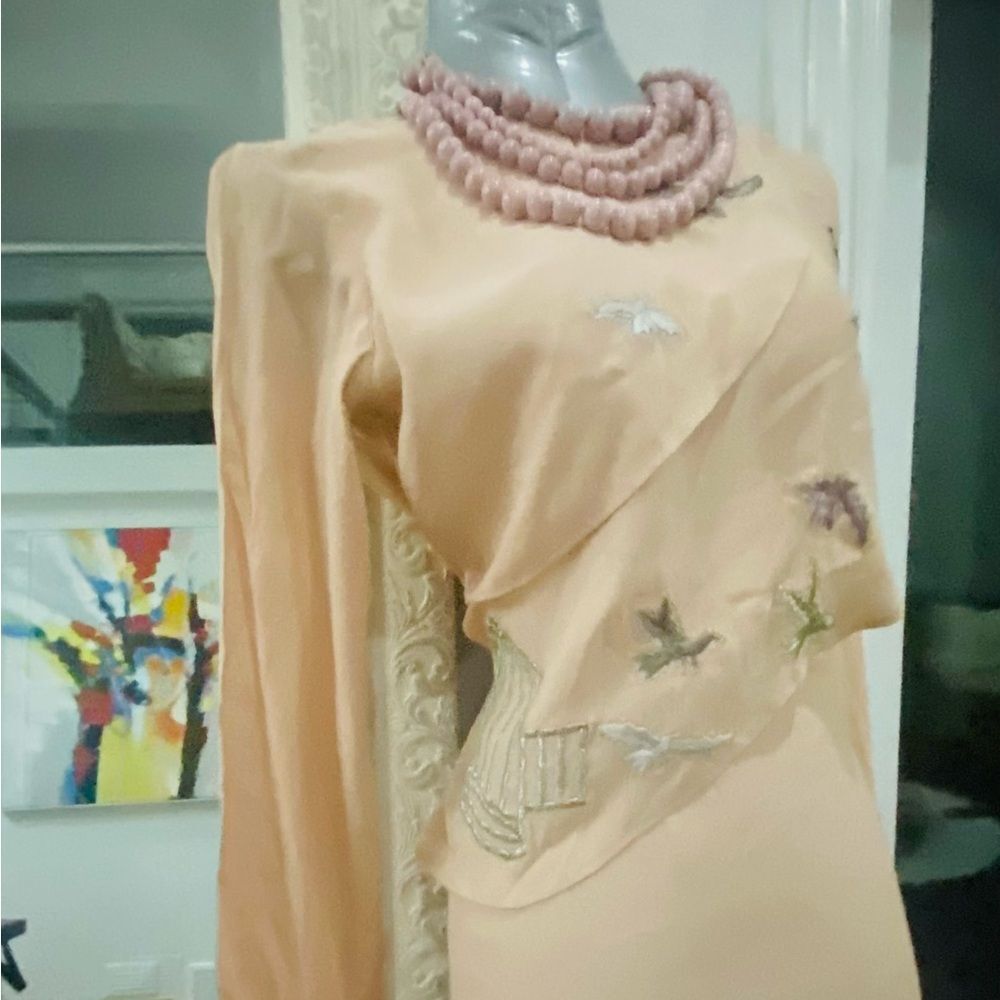 Sheep Brand Indian Elegant Tan Dress with Floral Design Bird Cage Embroidered - Picture 2 of 7